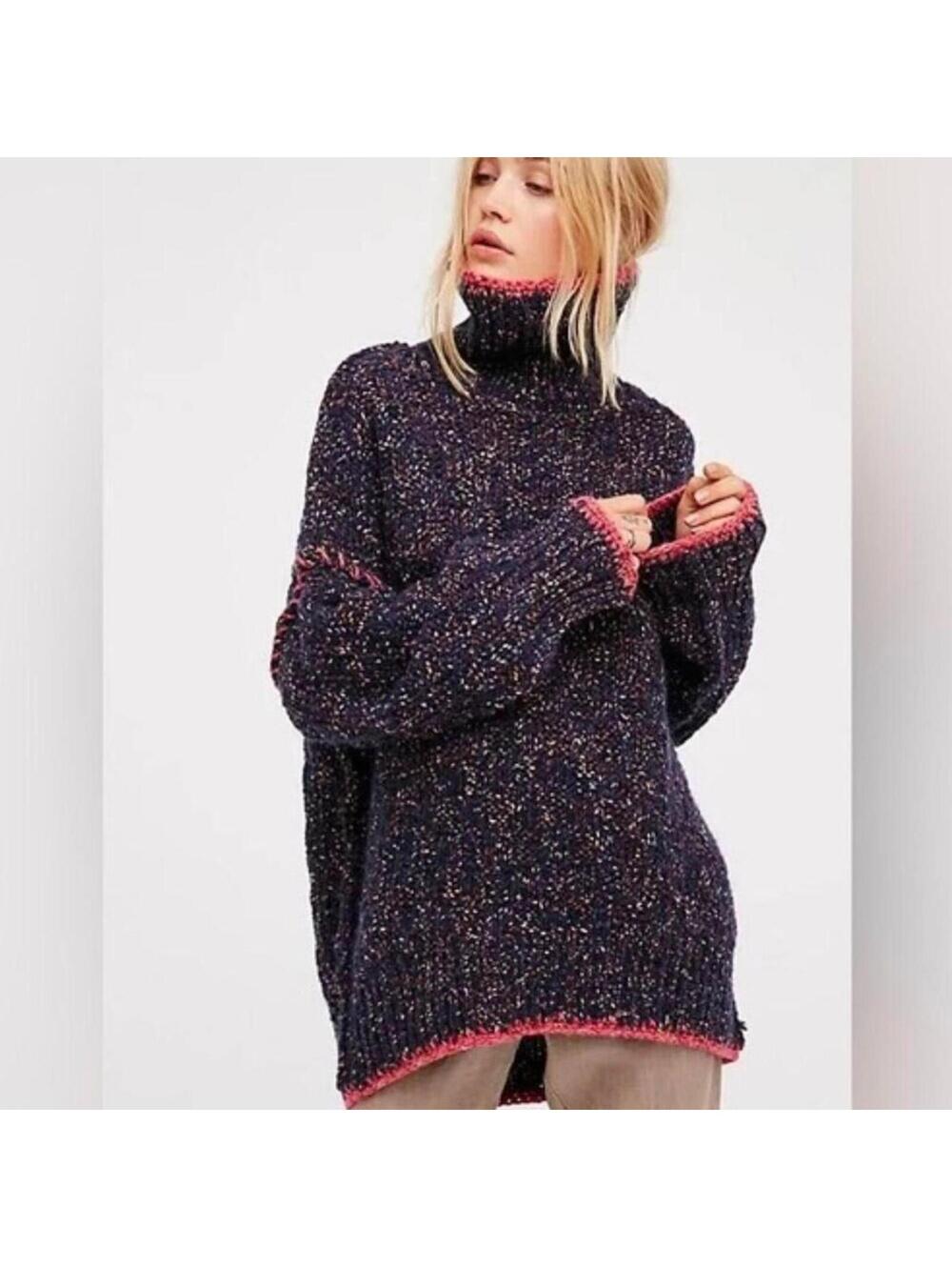 Free People Echo Navy Freckled Oversized Wool Blend Turtleneck Sweater XS